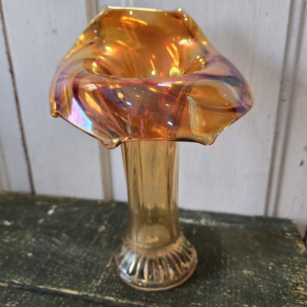 Vintage Imperial CARNIVAL GLASS‎ Marigold JACK-IN-THE-PULPIT 8.25" VASE READ